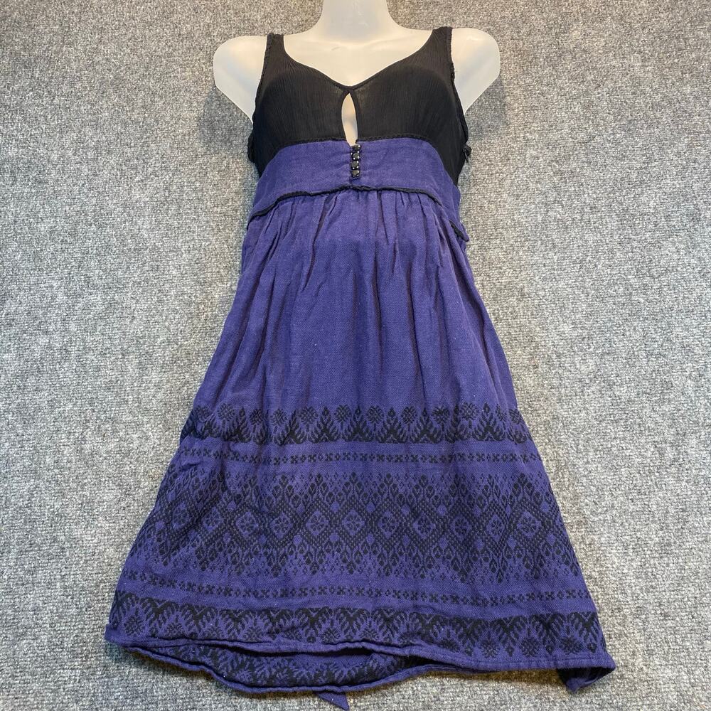 Free People Womens 6 Purple Black Print Fit Flare Silk Linen Sleeveless Dress